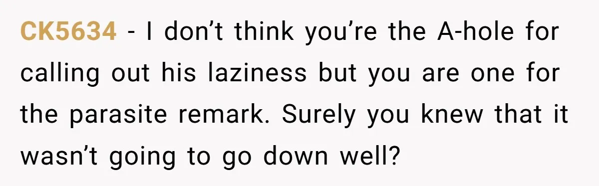 CK5634 − I don’t think you’re the A-hole for calling out his laziness but you are one for the parasite remark. Surely you knew that it wasn’t going to go...