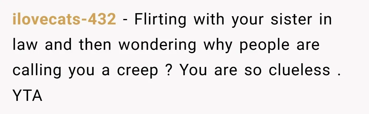 ilovecats-432 − Flirting with your sister in law and then wondering why people are calling you a creep ? You are so clueless . YTA