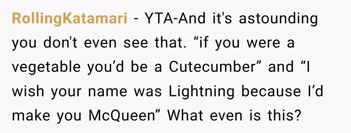 RollingKatamari − YTA-And it's astounding you don't even see that. “if you were a vegetable you’d be a Cutecumber” and “I wish your name was Lightning because I’d make you...