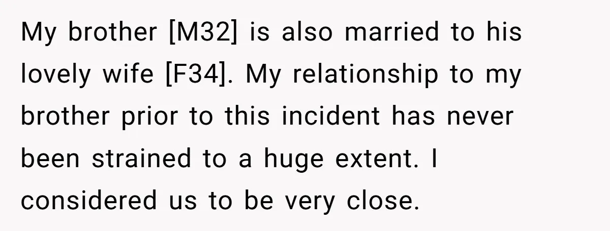 My brother [M32] is also married to his lovely wife [F34]. My relationship to my brother prior to this incident has never been strained to a huge extent. I considered...