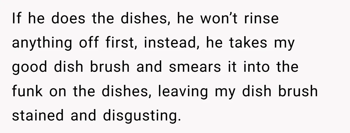 If he does the dishes, he won’t rinse anything off first, instead, he takes my good dish brush and smears it into the funk on the dishes, leaving my dish...