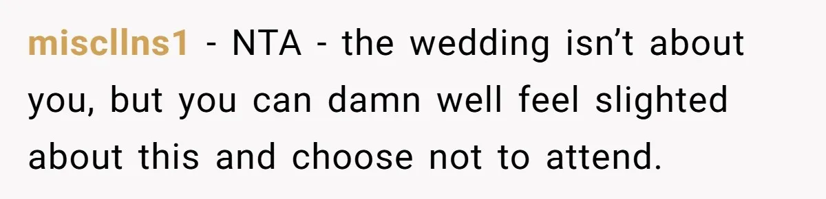 miscllns1 − NTA - the wedding isn’t about you, but you can damn well feel slighted about this and choose not to attend.