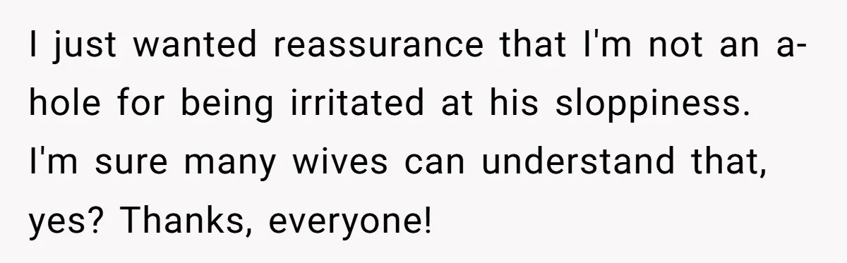 I just wanted reassurance that I'm not an a-hole for being irritated at his sloppiness. I'm sure many wives can understand that, yes? Thanks, everyone!