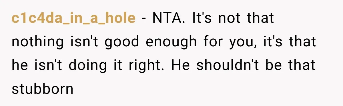 c1c4da_in_a_hole − NTA. It's not that nothing isn't good enough for you, it's that he isn't doing it right. He shouldn't be that stubborn