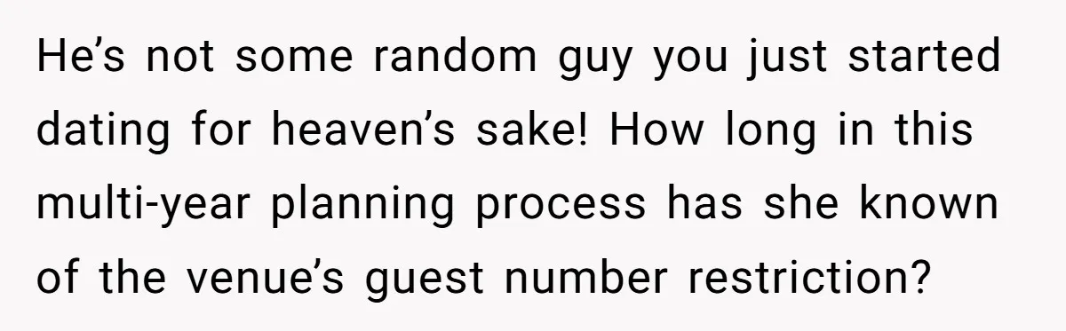 He’s not some random guy you just started dating for heaven’s sake! How long in this multi-year planning process has she known of the venue’s guest number restriction?
