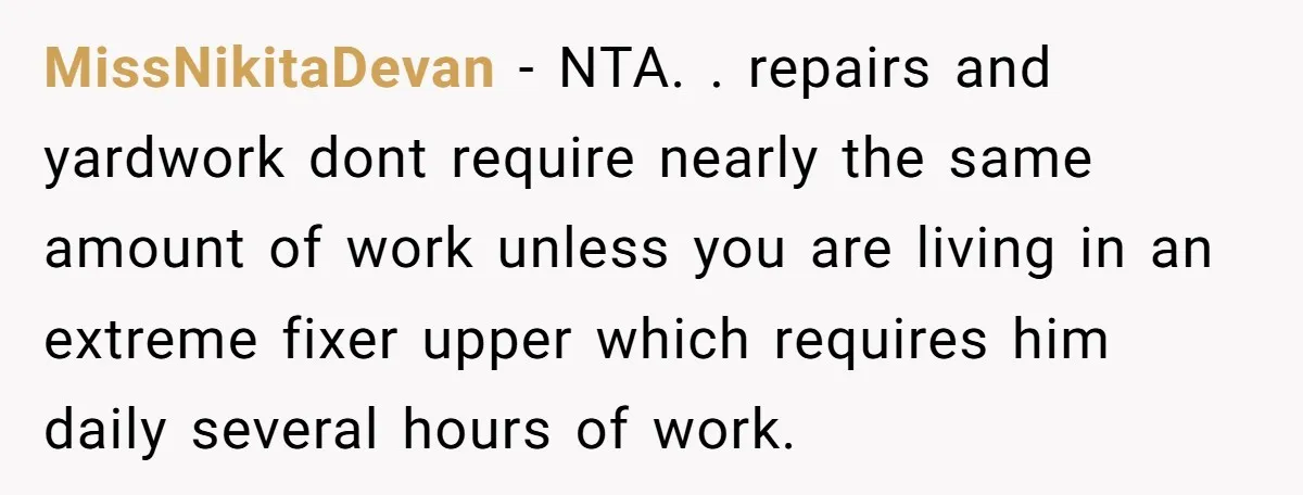 MissNikitaDevan − NTA. . repairs and yardwork dont require nearly the same amount of work unless you are living in an extreme fixer upper which requires him daily several hours...