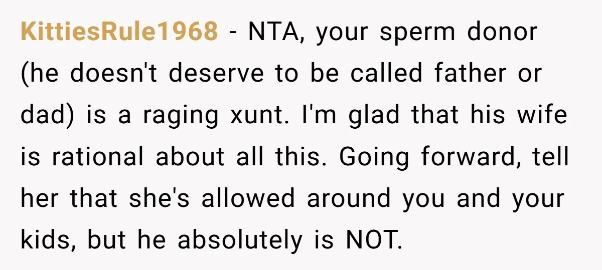 KittiesRule1968 − NTA, your sperm donor (he doesn't deserve to be called father or dad) is a raging xunt. I'm glad that his wife is rational about all this. Going...