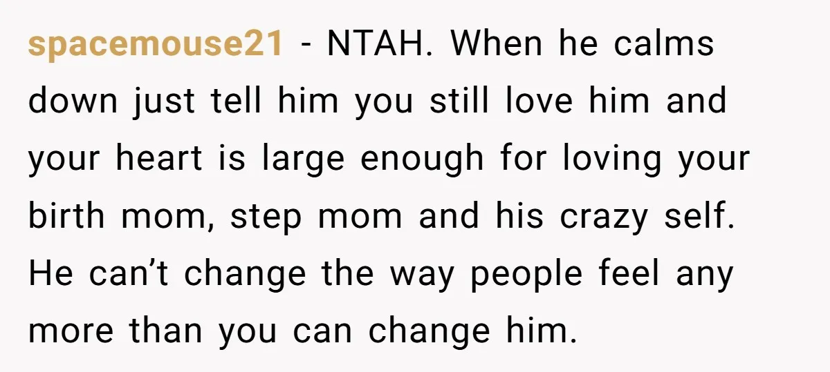 spacemouse21 − NTAH. When he calms down just tell him you still love him and your heart is large enough for loving your birth mom, step mom and his crazy...