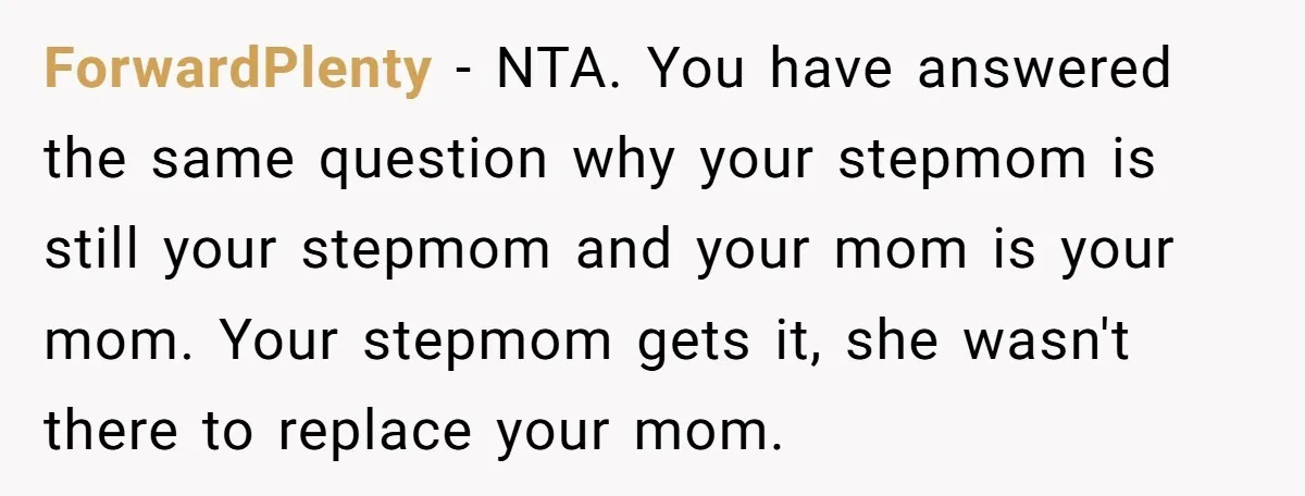 ForwardPlenty − NTA. You have answered the same question why your stepmom is still your stepmom and your mom is your mom. Your stepmom gets it, she wasn't there to...
