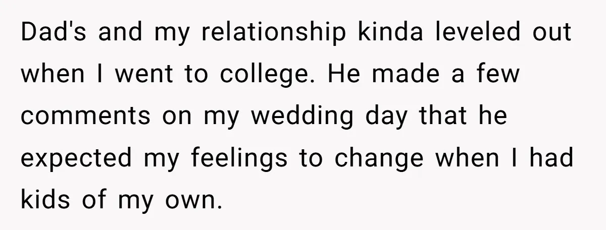 Dad's and my relationship kinda leveled out when I went to college. He made a few comments on my wedding day that he expected my feelings to change when I...
