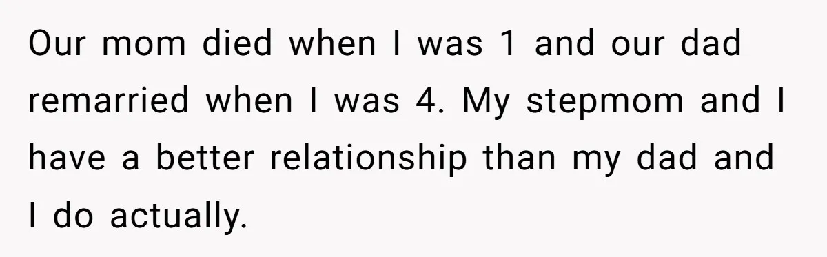 Our mom died when I was 1 and our dad remarried when I was 4. My stepmom and I have a better relationship than my dad and I do actually.