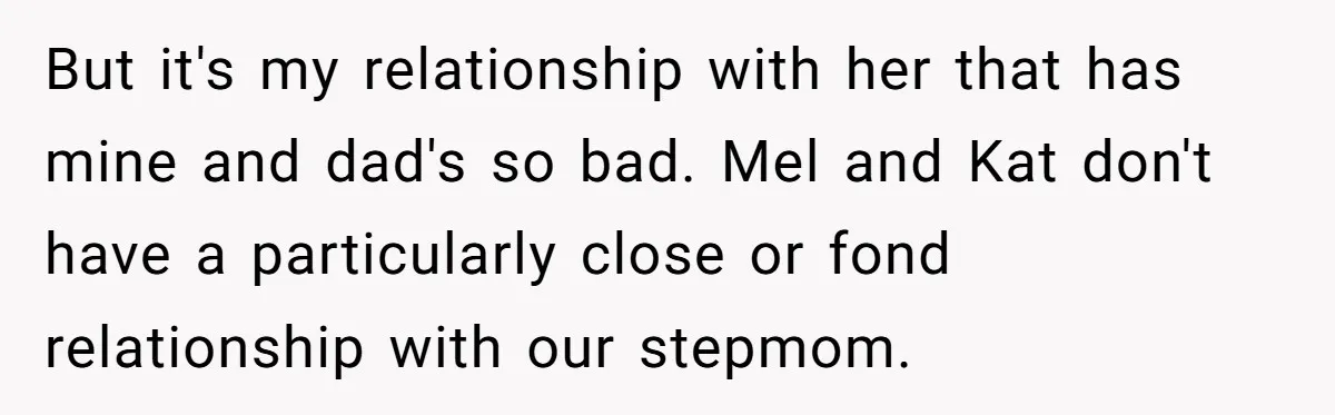 But it's my relationship with her that has mine and dad's so bad. Mel and Kat don't have a particularly close or fond relationship with our stepmom.