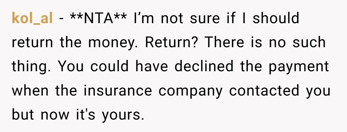 kol_al − **NTA** I’m not sure if I should return the money. Return? There is no such thing. You could have declined the payment when the insurance company contacted you...