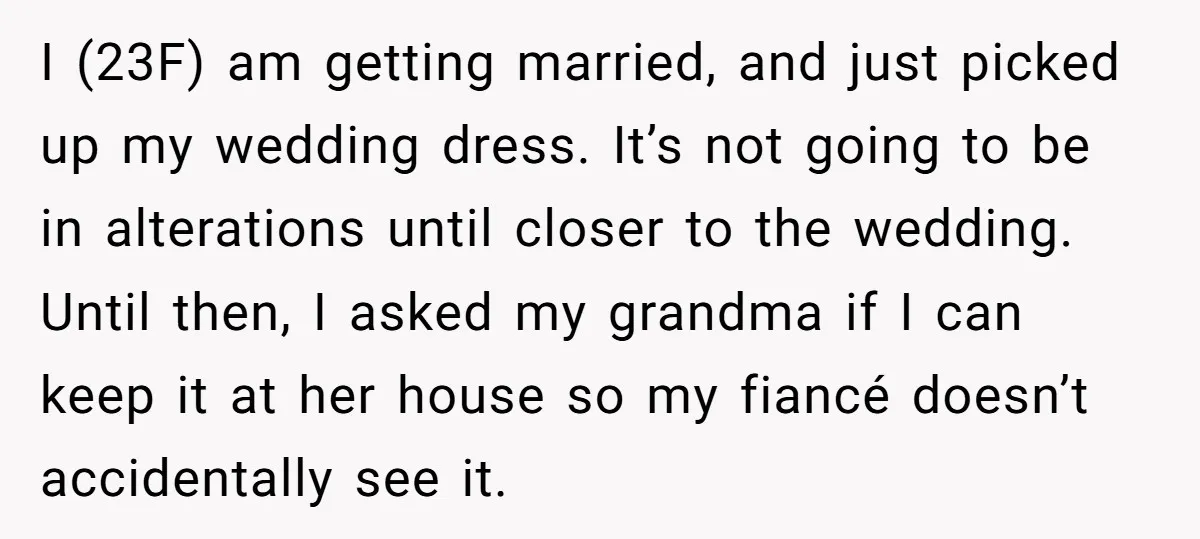 I (23F) am getting married, and just picked up my wedding dress. It’s not going to be in alterations until closer to the wedding. Until then, I asked my grandma...