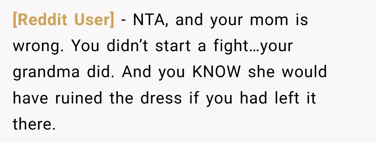 [Reddit User] − NTA, and your mom is wrong. You didn’t start a fight…your grandma did. And you KNOW she would have ruined the dress if you had left it...