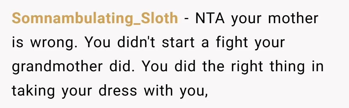 Somnambulating_Sloth − NTA your mother is wrong. You didn't start a fight your grandmother did. You did the right thing in taking your dress with you,