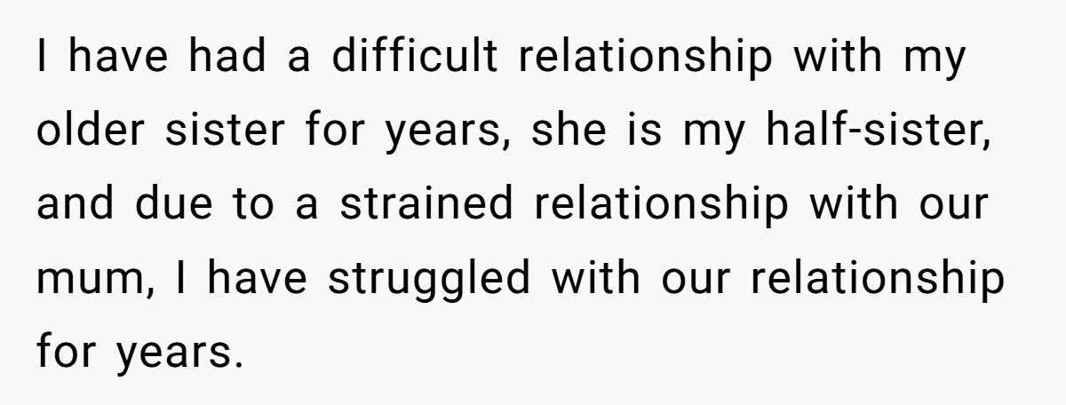 I have had a difficult relationship with my older sister for years, she is my half-sister, and due to a strained relationship with our mum, I have struggled with our...