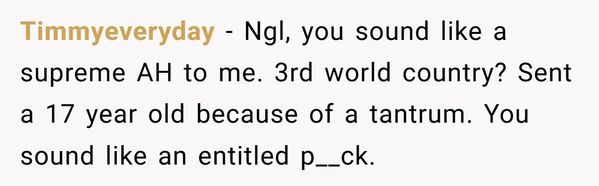 Timmyeveryday − Ngl, you sound like a supreme AH to me. 3rd world country? Sent a 17 year old because of a tantrum. You sound like an entitled p__ck.