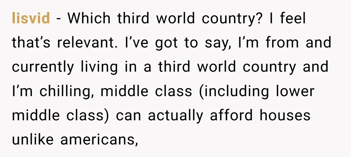 lisvid − Which third world country? I feel that’s relevant. I’ve got to say, I’m from and currently living in a third world country and I’m chilling, middle class (including...