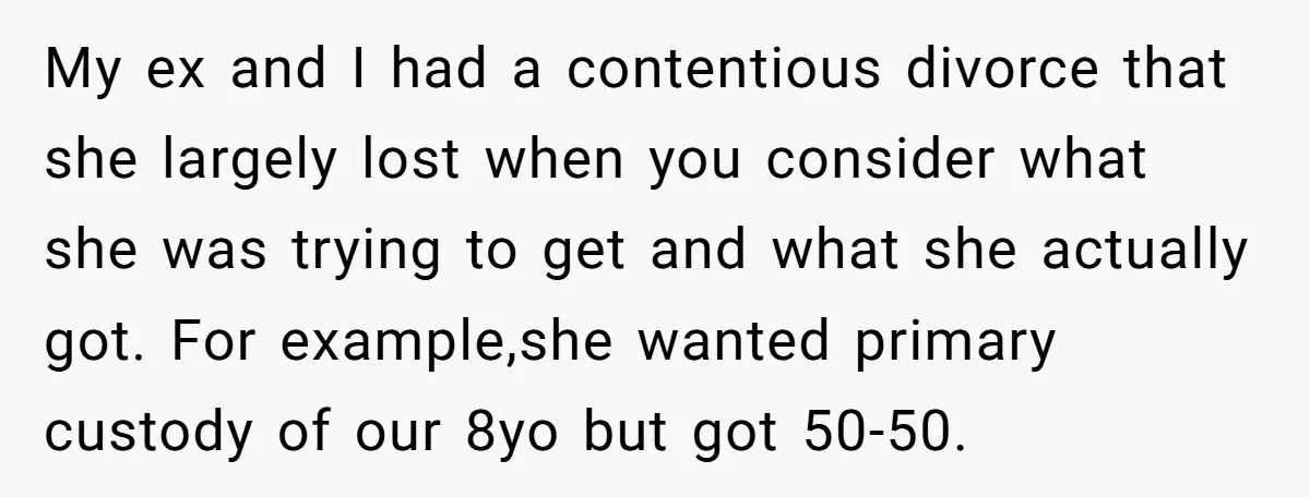 My ex and I had a contentious divorce that she largely lost when you consider what she was trying to get and what she actually got. For example,she wanted primary...