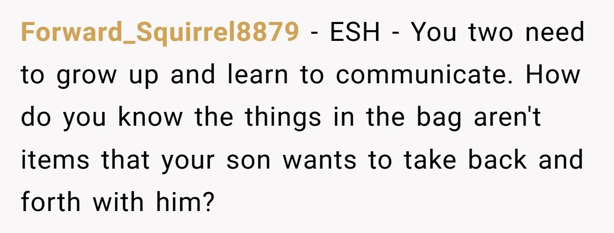 Forward_Squirrel8879 − ESH - You two need to grow up and learn to communicate. How do you know the things in the bag aren't items that your son wants to...