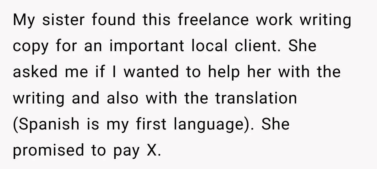 My sister found this freelance work writing copy for an important local client. She asked me if I wanted to help her with the writing and also with the translation...