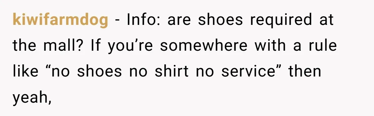kiwifarmdog − Info: are shoes required at the mall? If you’re somewhere with a rule like “no shoes no shirt no service” then yeah,