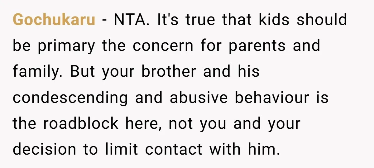Gochukaru − NTA. It's true that kids should be primary the concern for parents and family. But your brother and his condescending and abusive behaviour is the roadblock here, not...