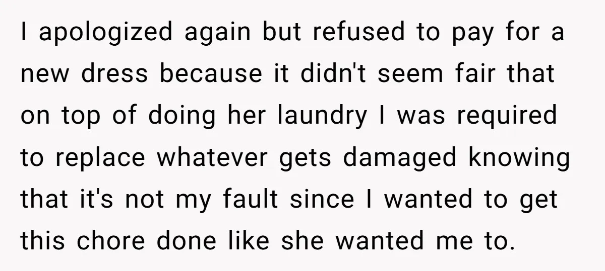 I apologized again but refused to pay for a new dress because it didn't seem fair that on top of doing her laundry I was required to replace whatever gets...