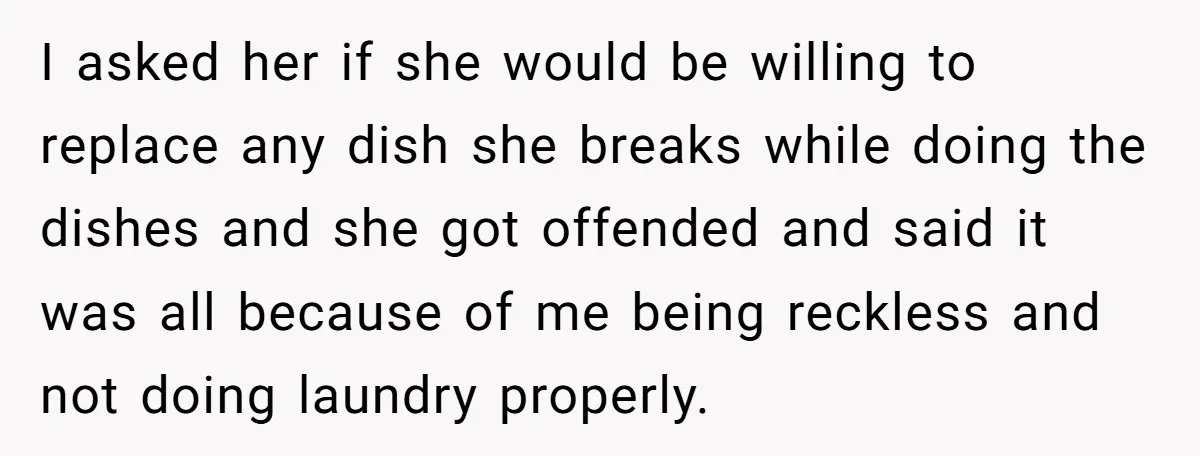 I asked her if she would be willing to replace any dish she breaks while doing the dishes and she got offended and said it was all because of me...