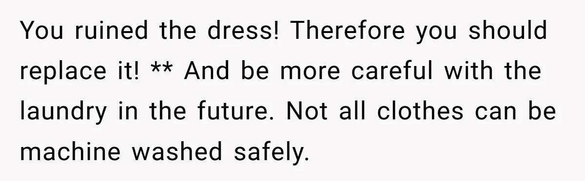 You ruined the dress! Therefore you should replace it! ** And be more careful with the laundry in the future. Not all clothes can be machine washed safely.
