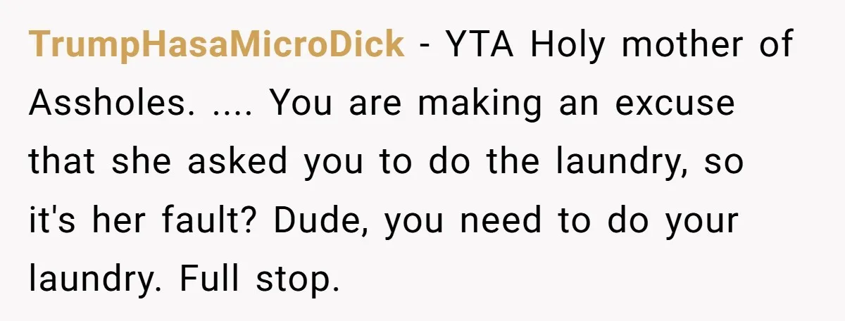 TrumpHasaMicroDick − YTA Holy mother of Assholes. .... You are making an excuse that she asked you to do the laundry, so it's her fault? Dude, you need to do...