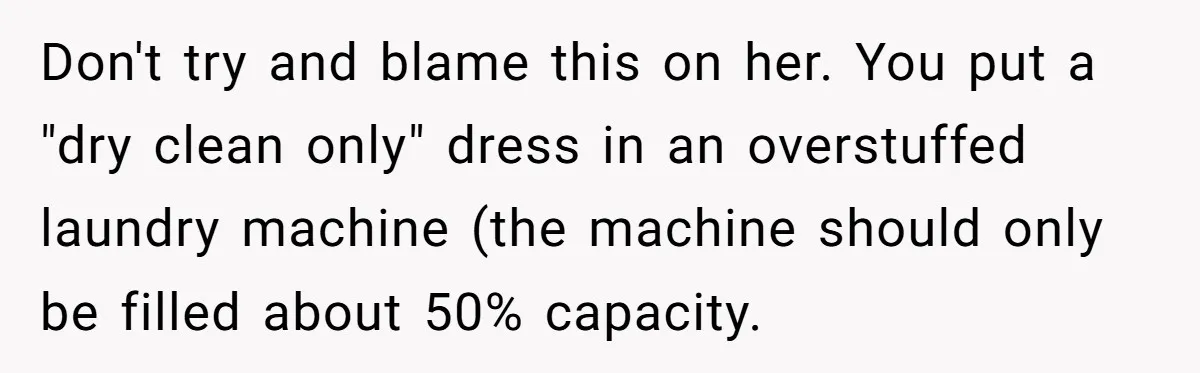 Don't try and blame this on her. You put a "dry clean only" dress in an overstuffed laundry machine (the machine should only be filled about 50% capacity.