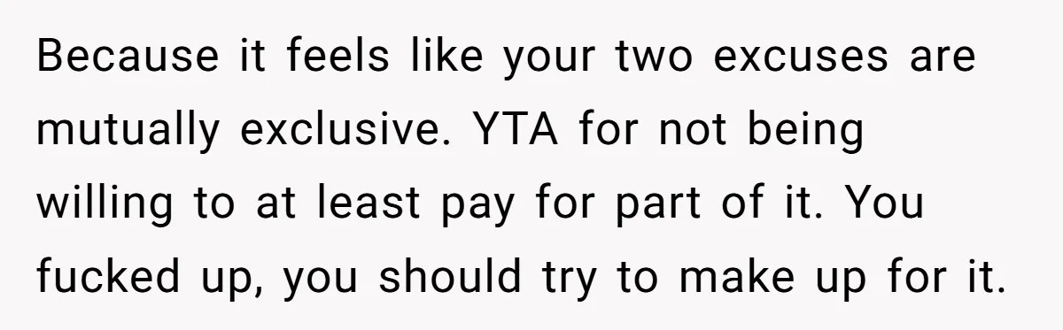 Because it feels like your two excuses are mutually exclusive. YTA for not being willing to at least pay for part of it. You fucked up, you should try to...
