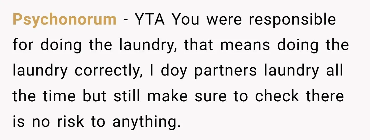Psychonorum − YTA You were responsible for doing the laundry, that means doing the laundry correctly, I doy partners laundry all the time but still make sure to check there...