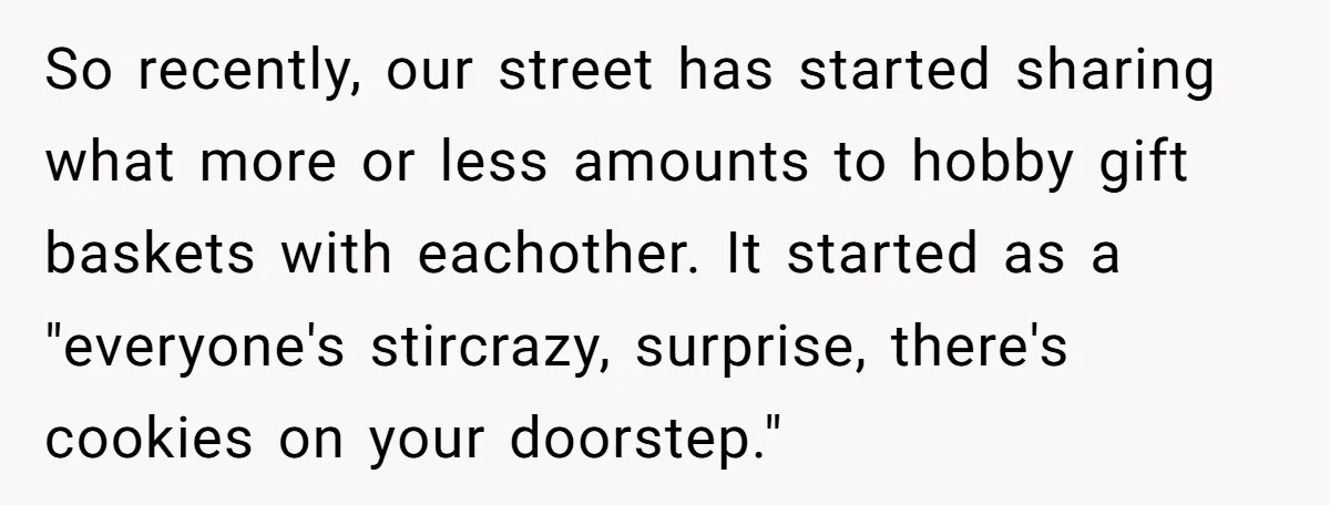 So recently, our street has started sharing what more or less amounts to hobby gift baskets with eachother. It started as a "everyone's stircrazy, surprise, there's cookies on your doorstep."