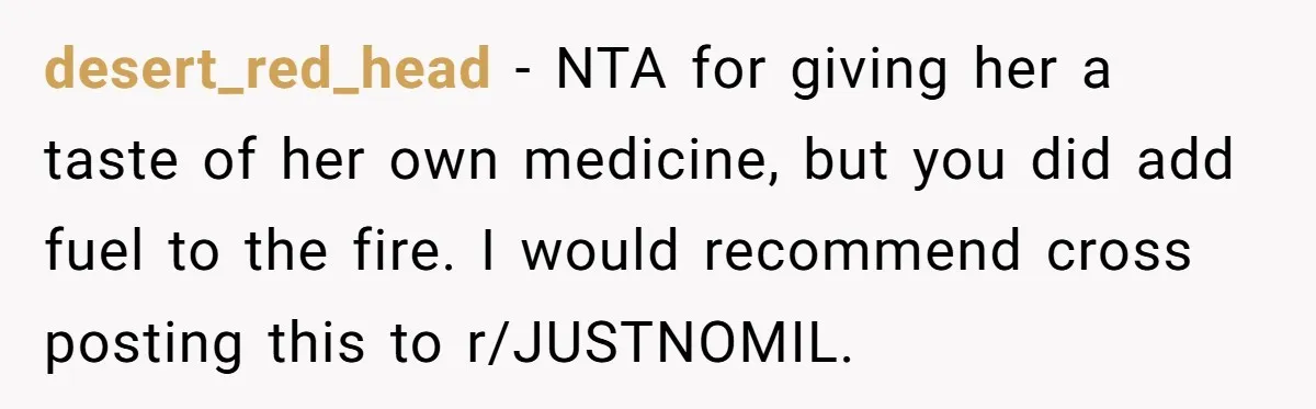 desert_red_head − NTA for giving her a taste of her own medicine, but you did add fuel to the fire. I would recommend cross posting this to r/JUSTNOMIL.