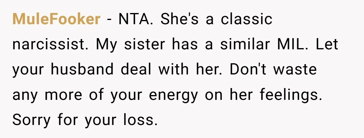 MuleFooker − NTA. She's a classic narcissist. My sister has a similar MIL. Let your husband deal with her. Don't waste any more of your energy on her feelings. Sorry...