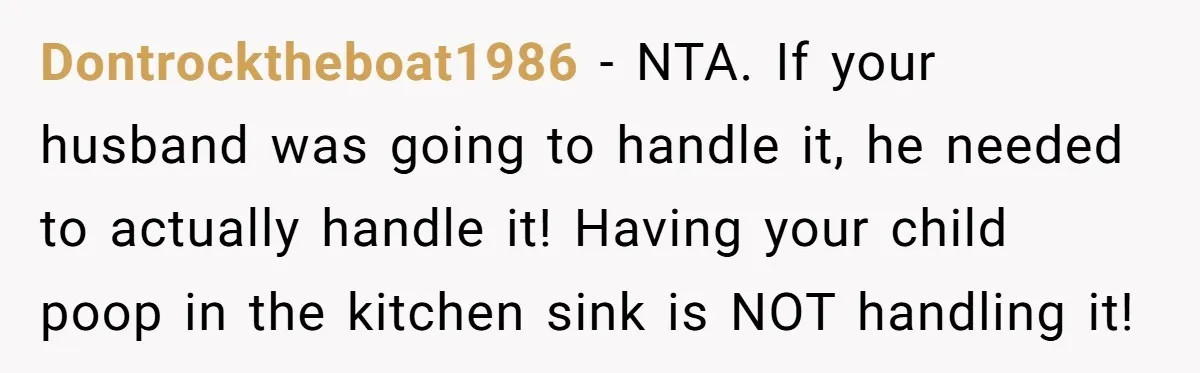 Dontrocktheboat1986 − NTA. If your husband was going to handle it, he needed to actually handle it! Having your child poop in the kitchen sink is NOT handling it!