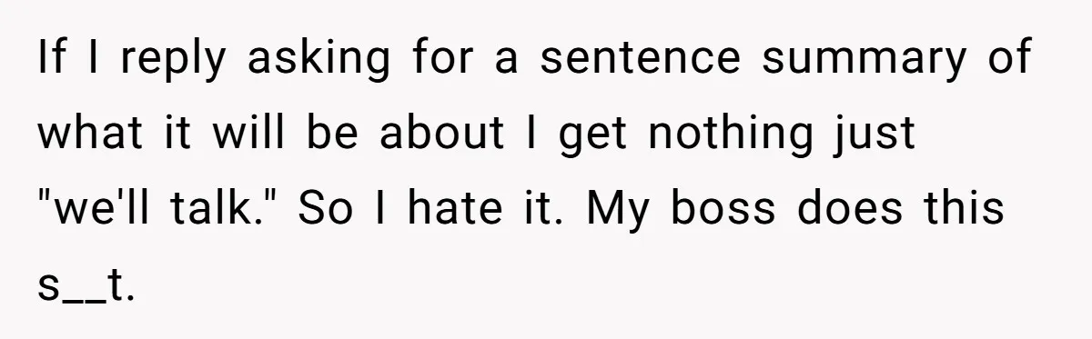 If I reply asking for a sentence summary of what it will be about I get nothing just "we'll talk." So I hate it. My boss does this s__t.