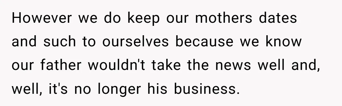 However we do keep our mothers dates and such to ourselves because we know our father wouldn't take the news well and, well, it's no longer his business.