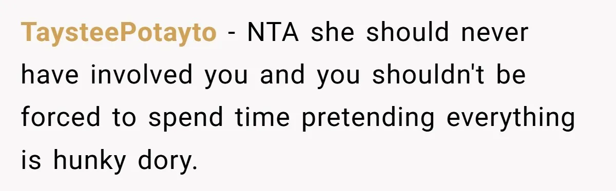 TaysteePotayto − NTA she should never have involved you and you shouldn't be forced to spend time pretending everything is hunky dory.