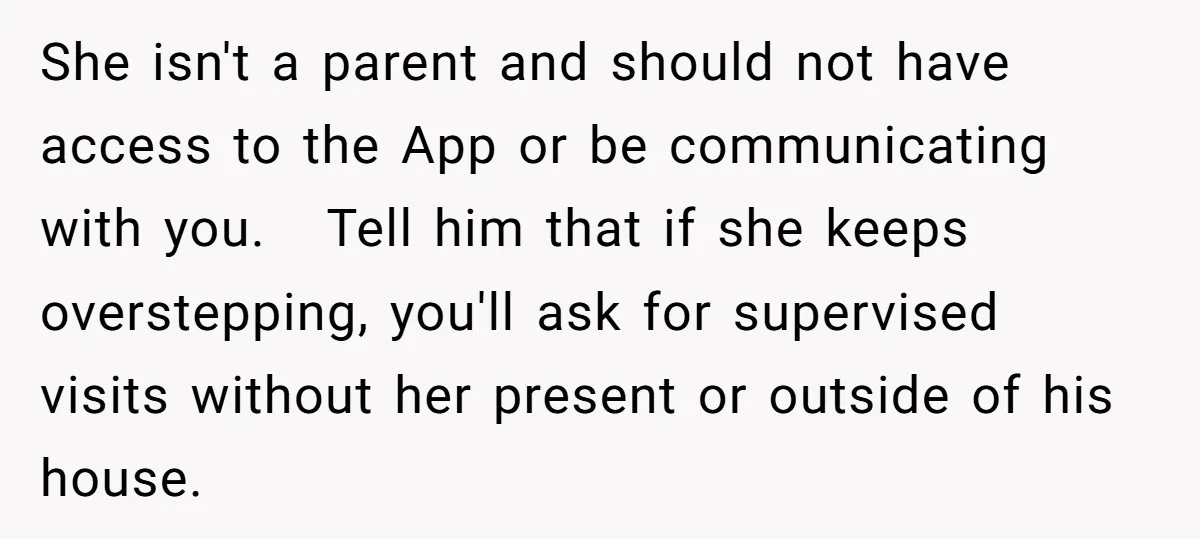 She isn't a parent and should not have access to the App or be communicating with you. Tell him that if she keeps overstepping, you'll ask for supervised visits without...