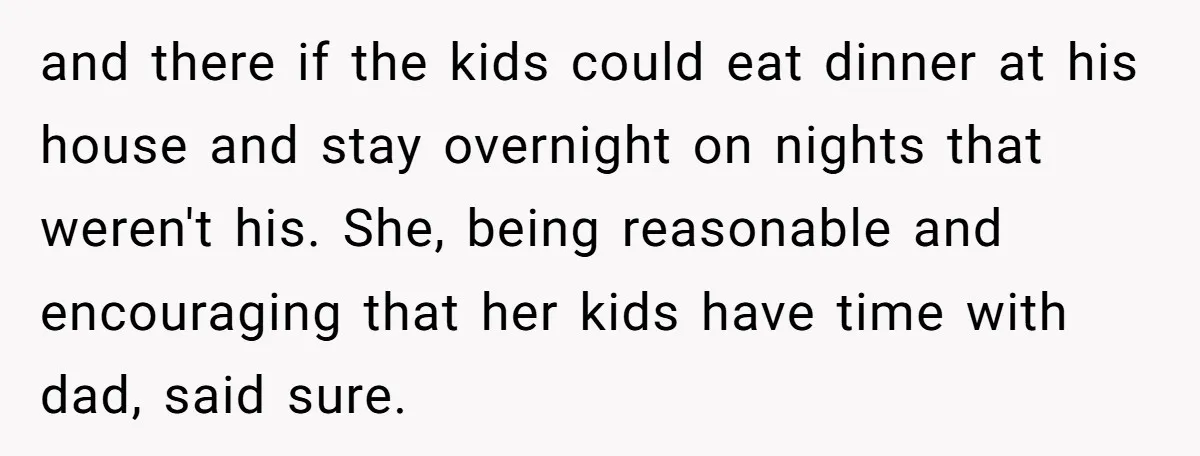 and there if the kids could eat dinner at his house and stay overnight on nights that weren't his. She, being reasonable and encouraging that her kids have time with...