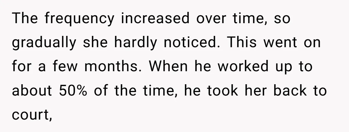 The frequency increased over time, so gradually she hardly noticed. This went on for a few months. When he worked up to about 50% of the time, he took her...