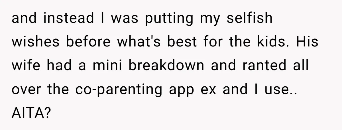 and instead I was putting my selfish wishes before what's best for the kids. His wife had a mini breakdown and ranted all over the co-parenting app ex and I...