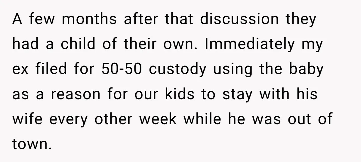 A few months after that discussion they had a child of their own. Immediately my ex filed for 50-50 custody using the baby as a reason for our kids to...