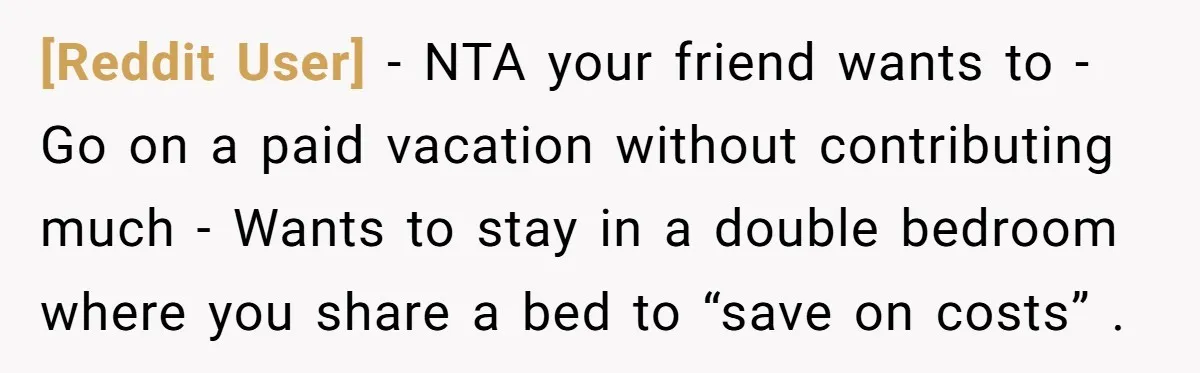 [Reddit User] − NTA your friend wants to - Go on a paid vacation without contributing much - Wants to stay in a double bedroom where you share a bed...