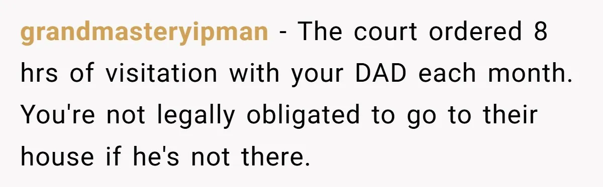 grandmasteryipman − The court ordered 8 hrs of visitation with your DAD each month. You're not legally obligated to go to their house if he's not there.