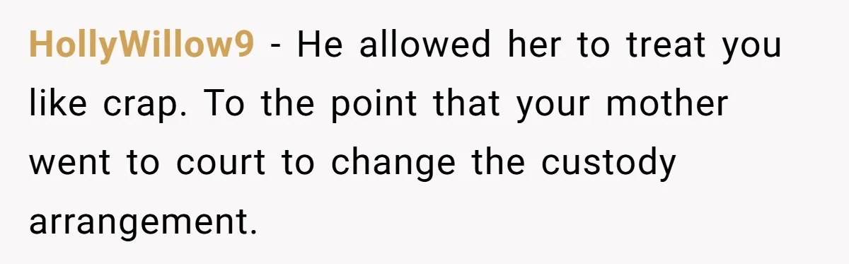 HollyWillow9 − He allowed her to treat you like crap. To the point that your mother went to court to change the custody arrangement.